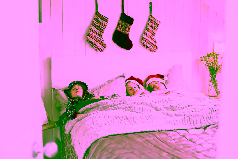 Christmas stockings on the wall above the bed of three sleeping children.