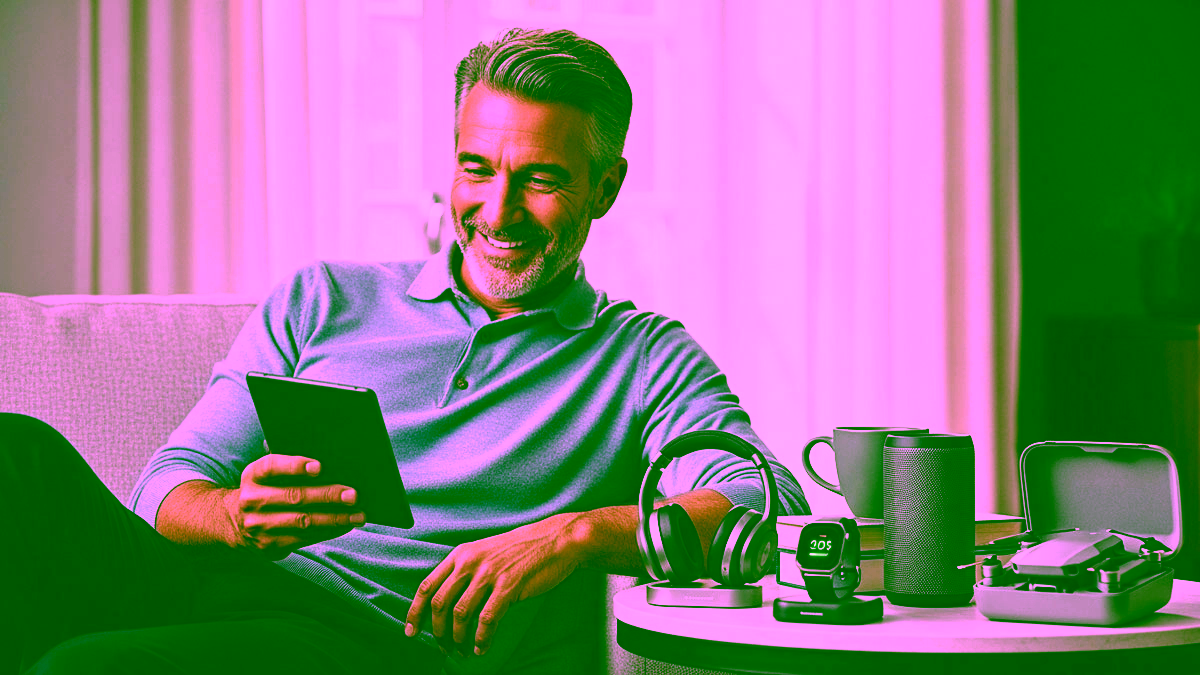Dad next to table full of tech gifts for him