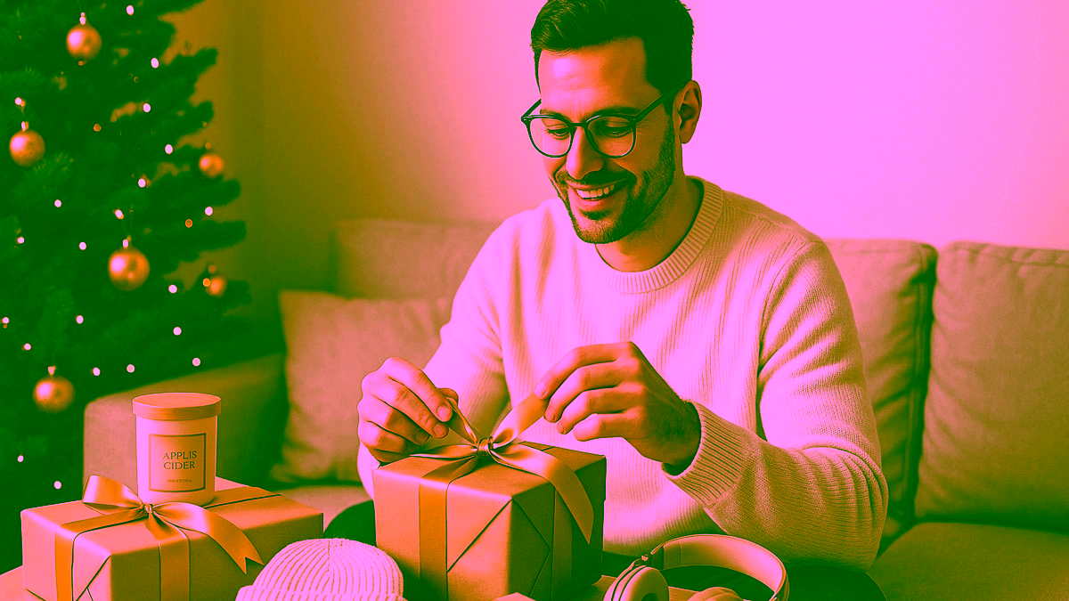 Person wrapping unique christmas gifts by christmas tree.